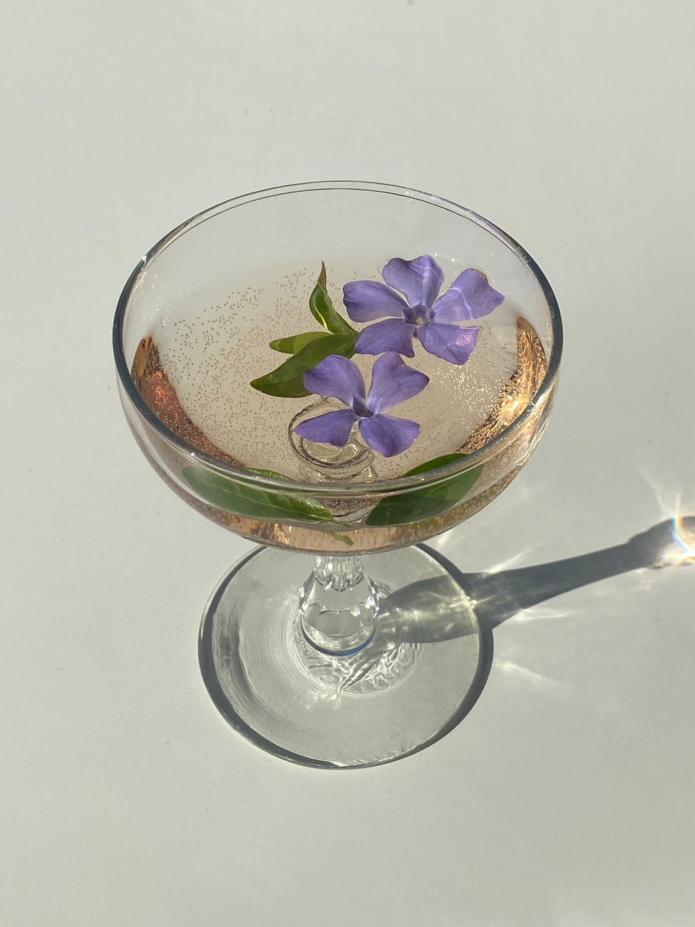 glass with cocktail with flowing flowers of vinca minor