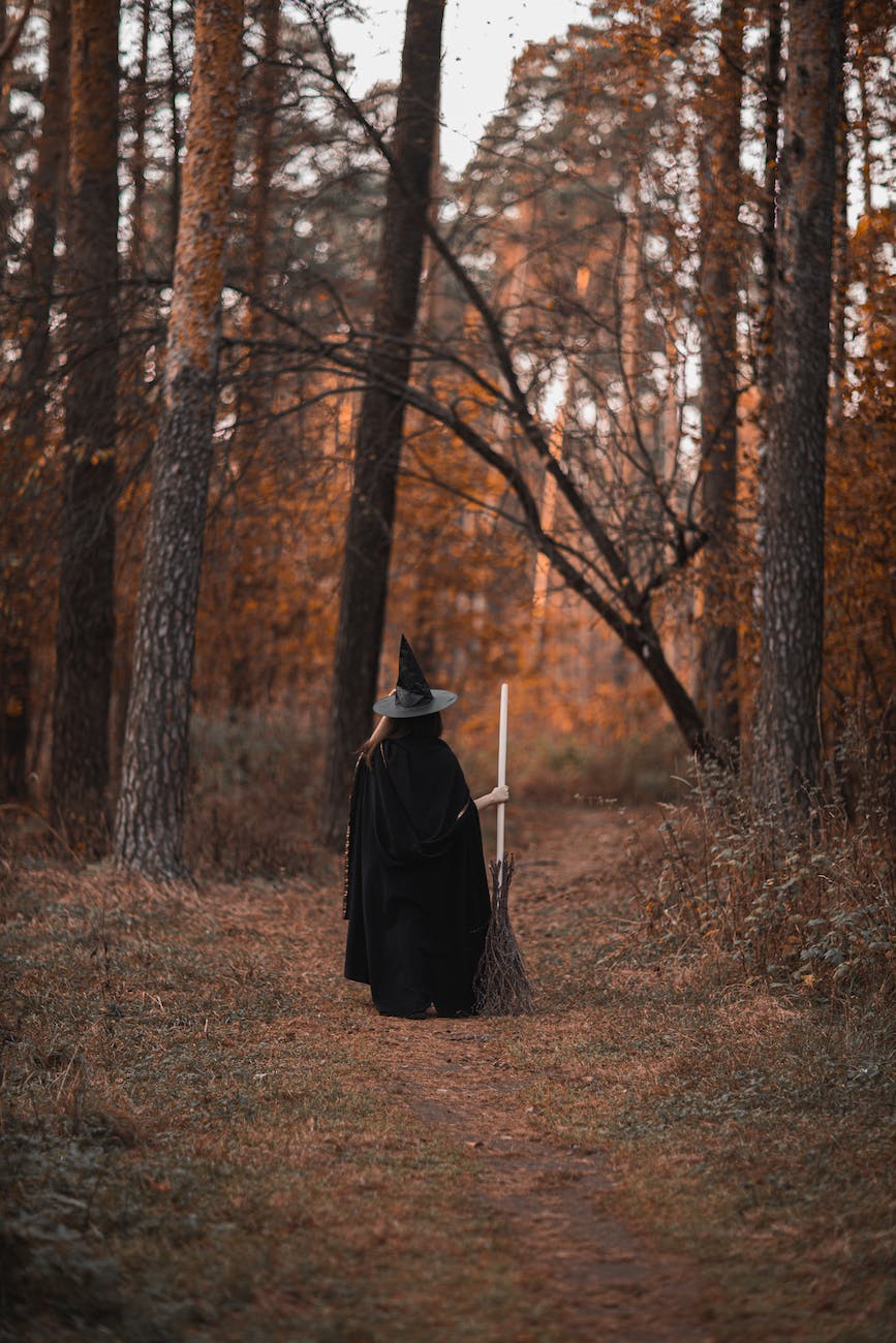 person in witch costume standing in the woods